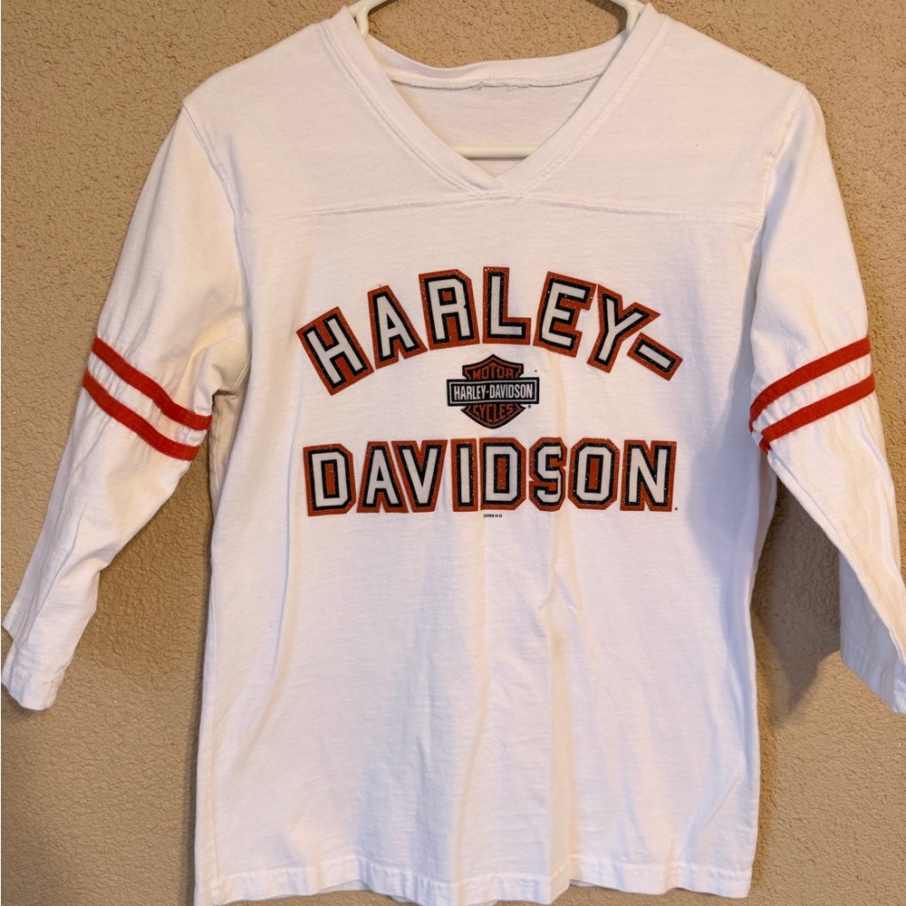 Harley-Davidson White Long Sleeve Top with Orange Logo and Stripe Accents